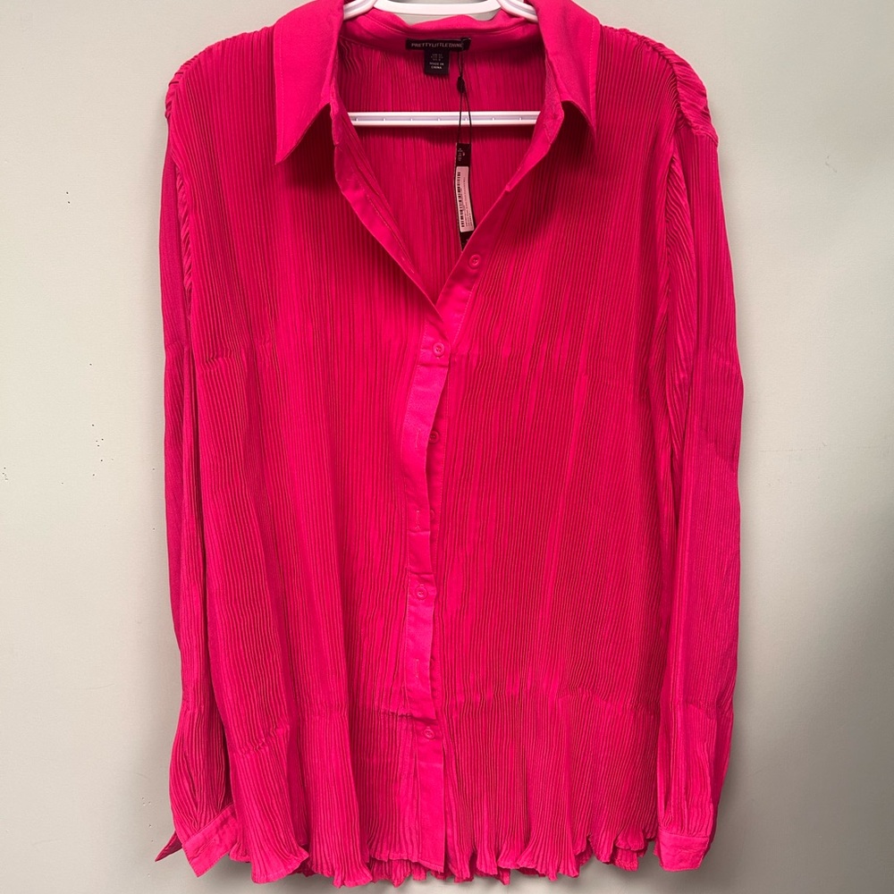 PrettyLittleThing Pink Pleated Long Sleeve Button Down Shirt